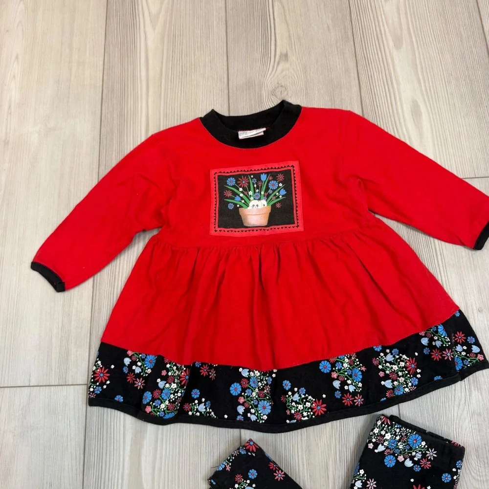 Vintage Spumoni by Rose Cage Red Floral Tunic and Leggings Set Toddler 2T USA
